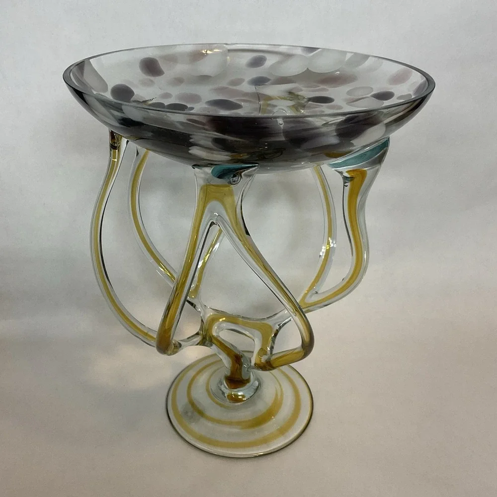 Vintage Jozefina Krosno Poland Cobalt Art Glass Jellyfish Pedestal Bowl 9